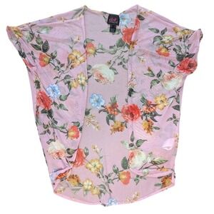 Pink Punch Medium Pink Floral Sheer Mesh Short Sleeve Open Cardigan Flowy